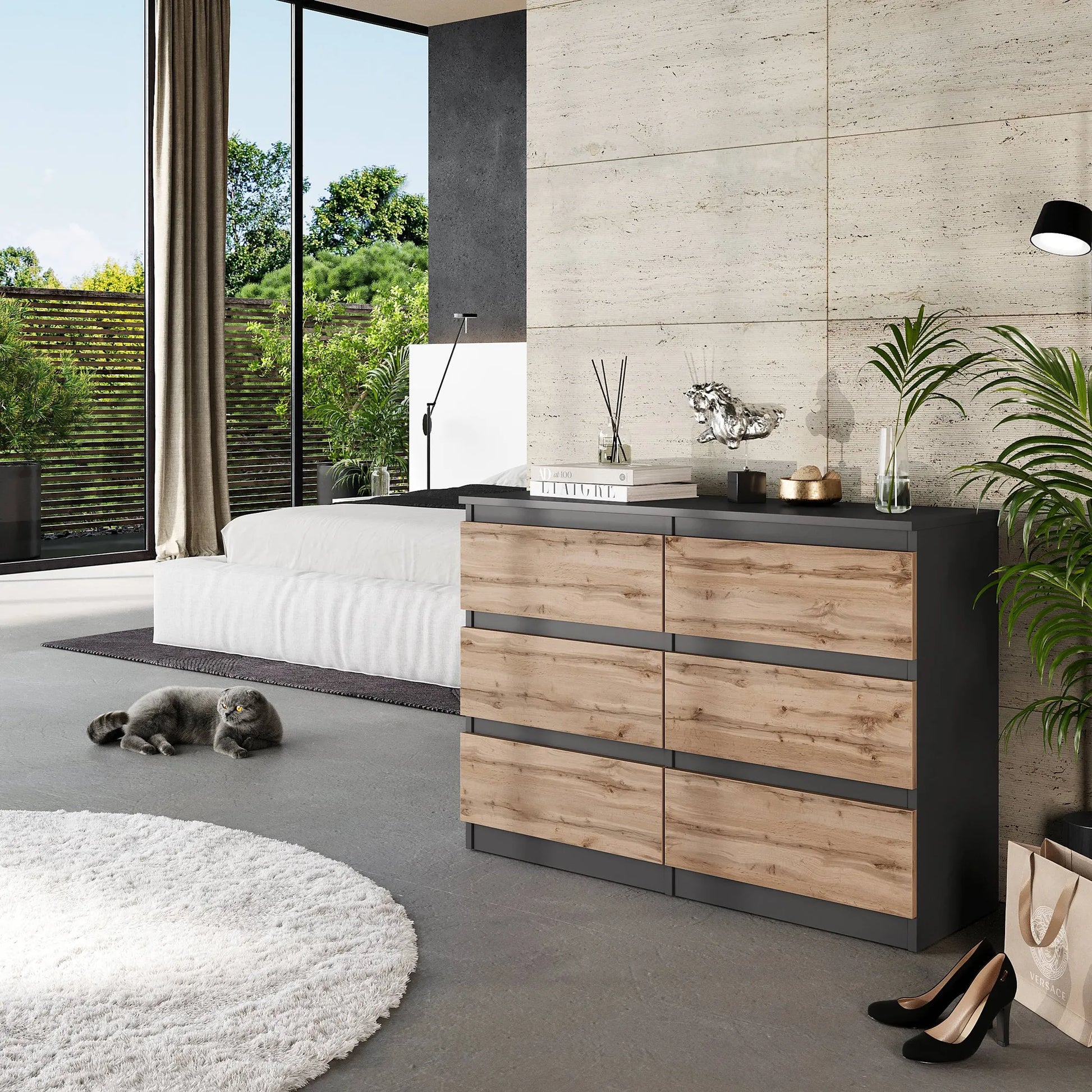 GABRIEL - Kommode / Sideboard mit 6 Schubladen - Anthrazit / Wotan Eiche H71cm B100cm T33cm – Furnica