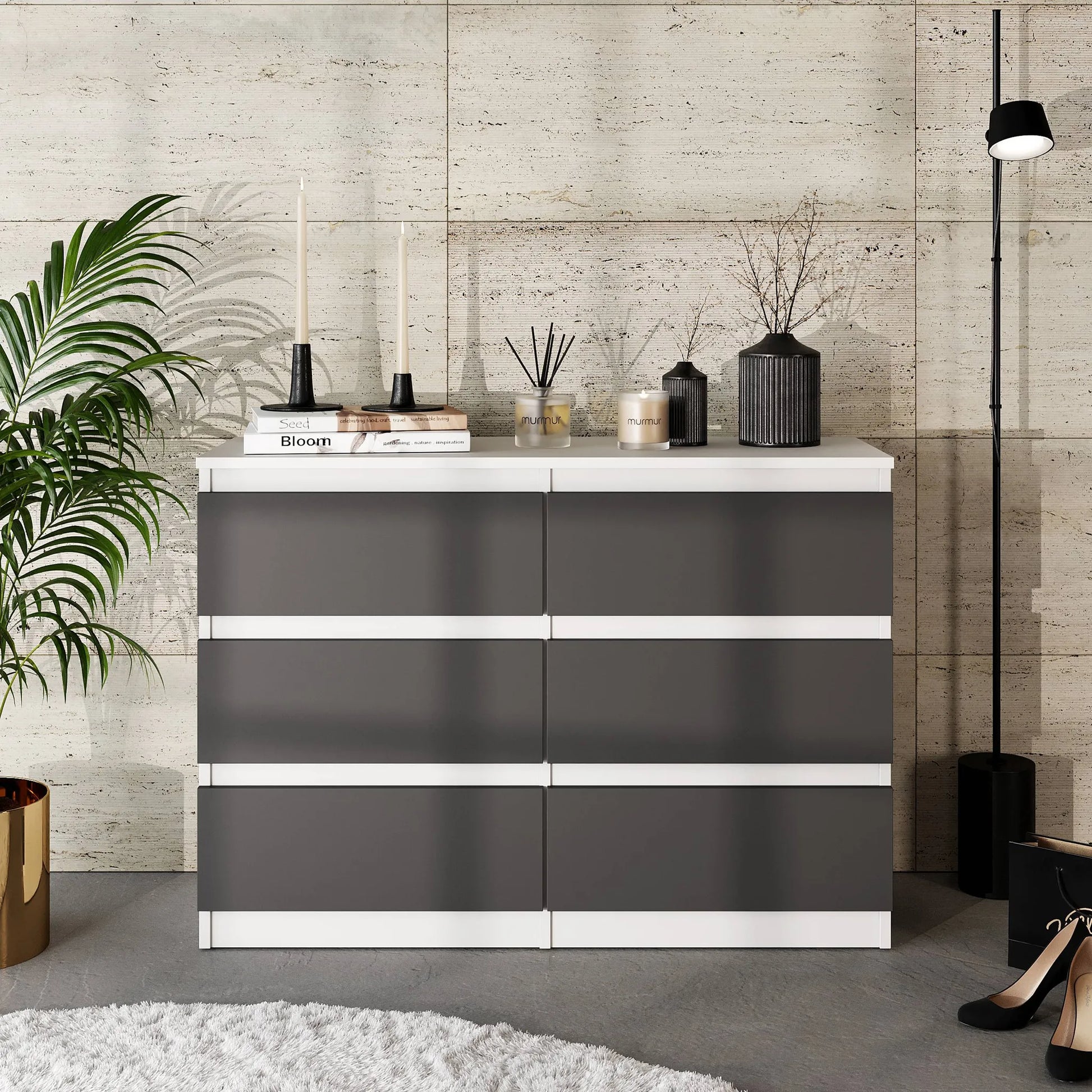 GABRIEL - Kommode / Sideboard mit 6 Schubladen - Weiß Matt / Anthrazit H71cm B100cm TD33cm – Furnica