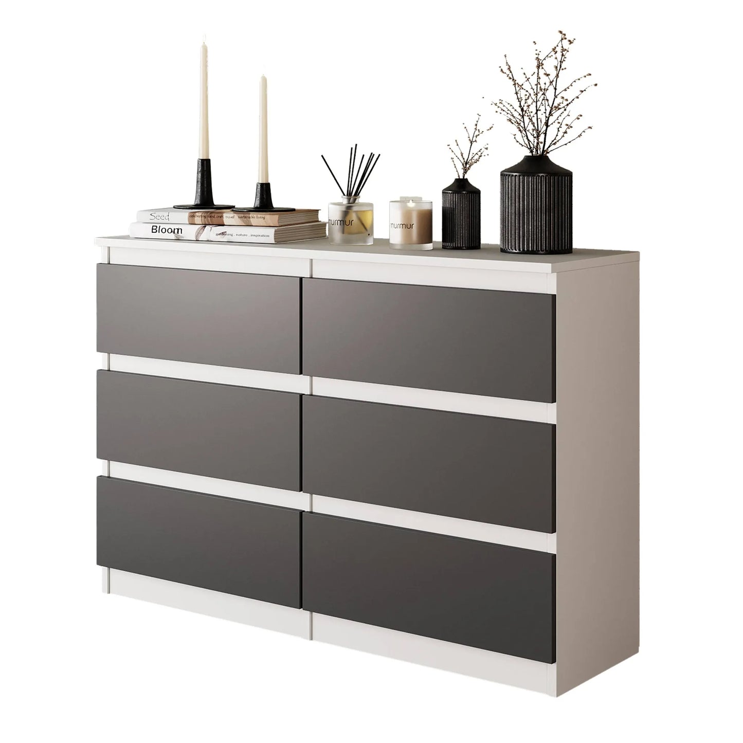 GABRIEL - Kommode / Sideboard mit 6 Schubladen - Weiß Matt / Anthrazit H71cm B100cm TD33cm – Furnica