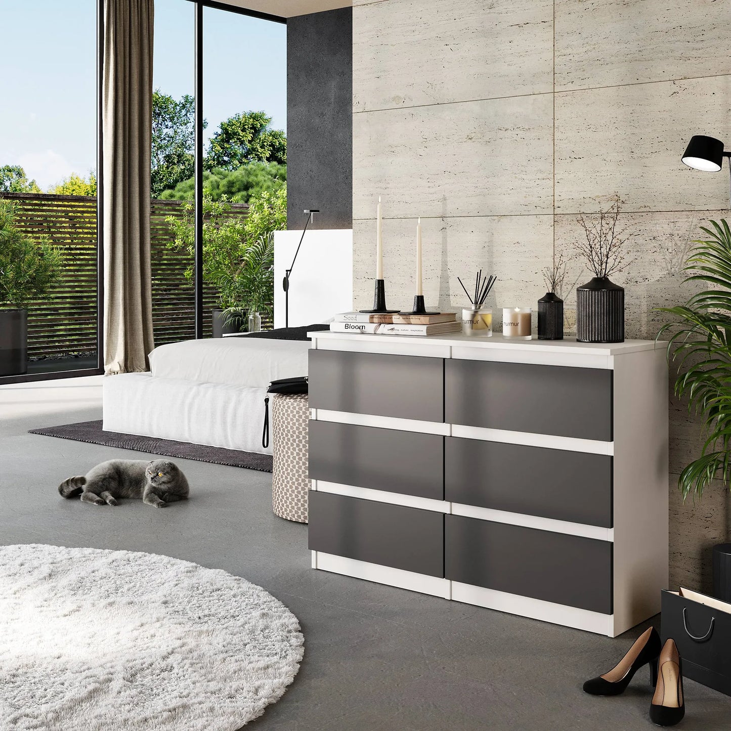 GABRIEL - Kommode / Sideboard mit 6 Schubladen - Weiß Matt / Anthrazit H71cm B100cm TD33cm – Furnica
