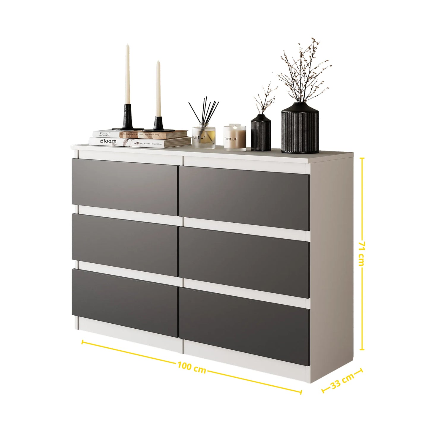 GABRIEL - Kommode / Sideboard mit 6 Schubladen - Weiß Matt / Anthrazit H71cm B100cm TD33cm – Furnica