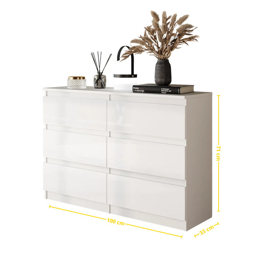GABRIEL - Kommode / Sideboard mit 6 Schubladen - Weiß Matt H71cm B100cm T33cm – Furnica