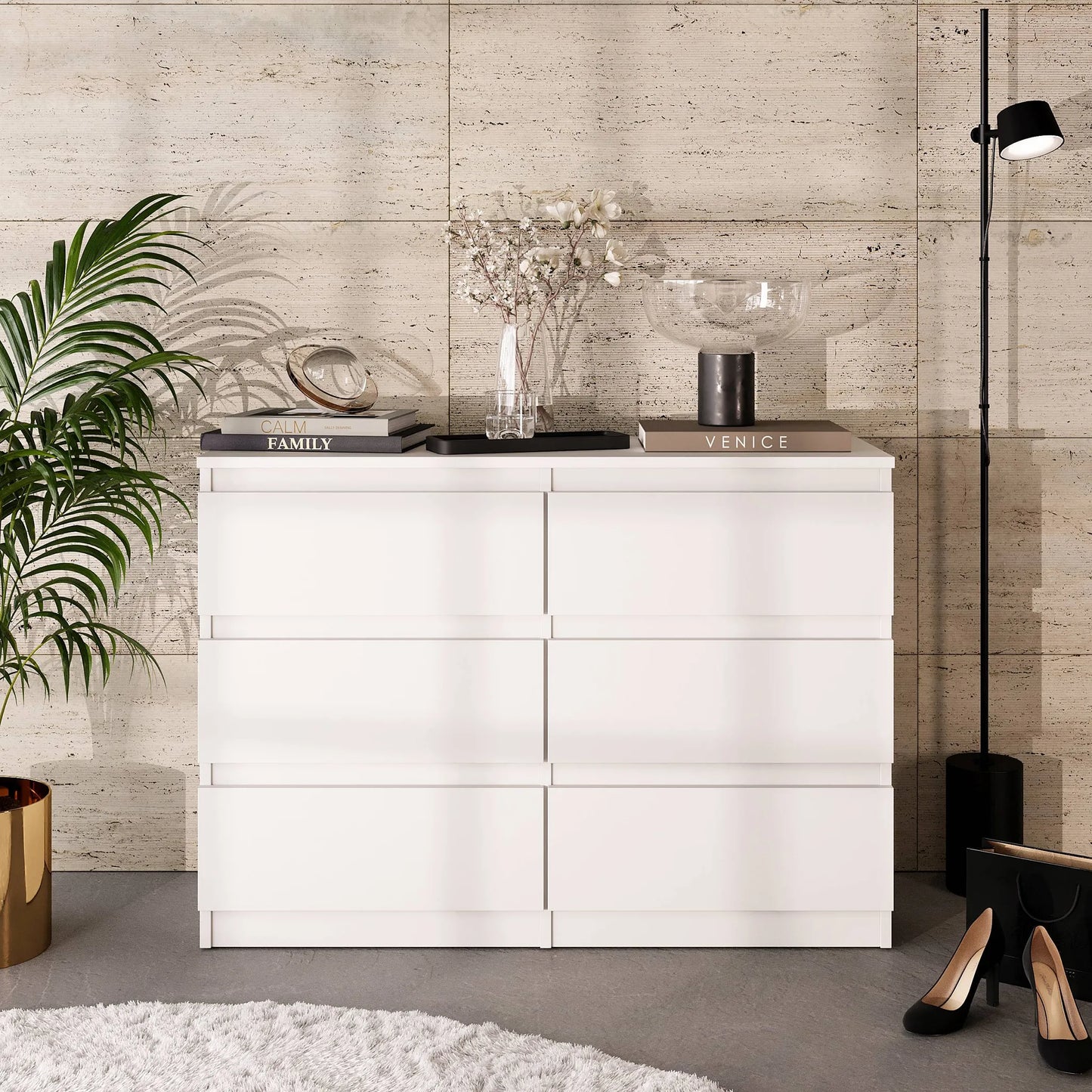 GABRIEL - Kommode / Sideboard mit 6 Schubladen - Weiß Matt H71cm B100cm T33cm – Furnica