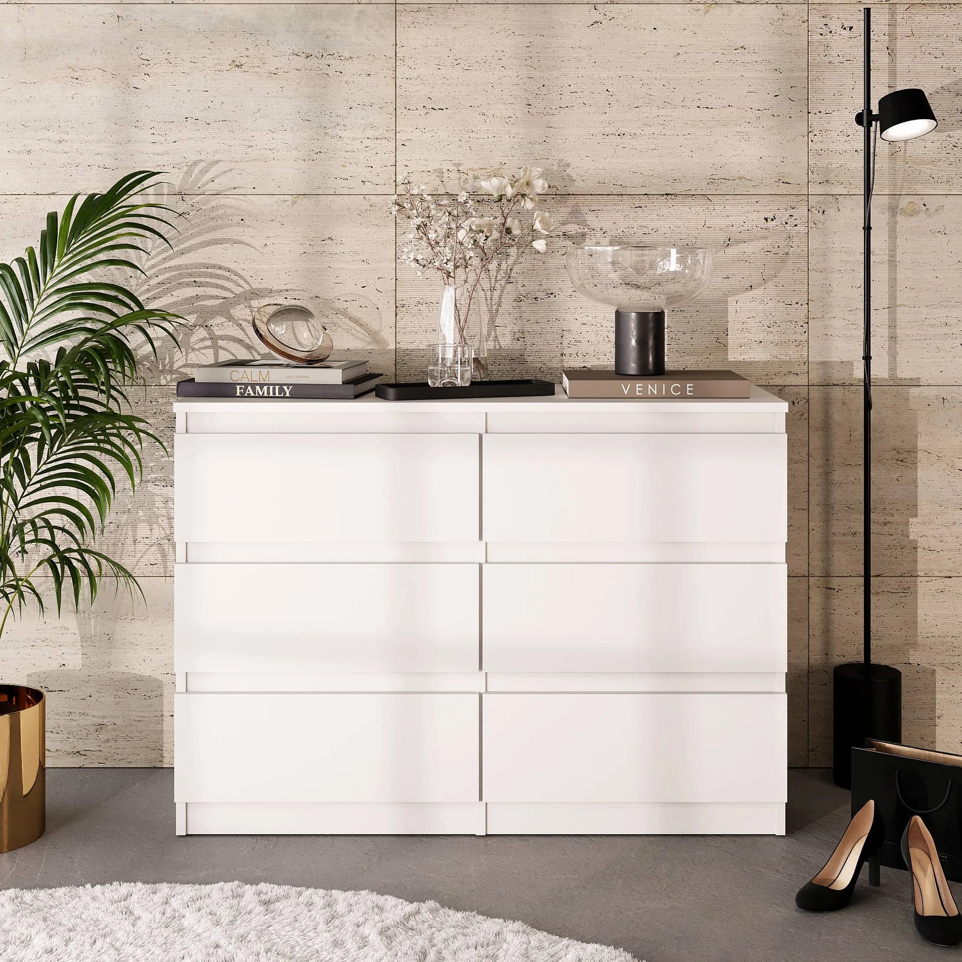 GABRIEL - Kommode / Sideboard mit 6 Schubladen - Weiß Matt H71cm B100cm T33cm – Furnica