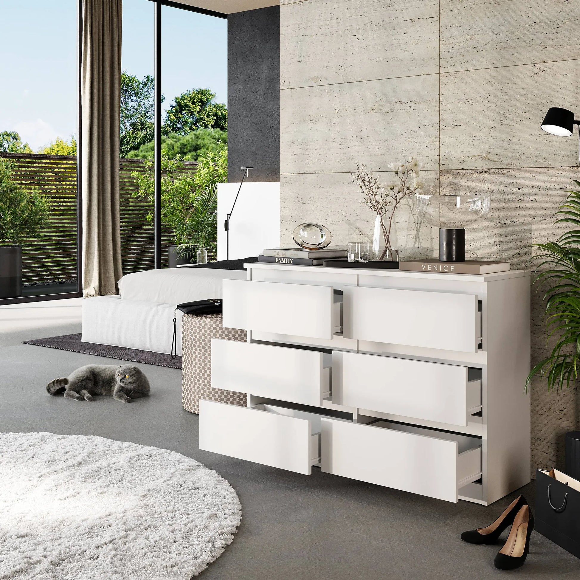 GABRIEL - Kommode / Sideboard mit 6 Schubladen - Weiß Matt H71cm B100cm T33cm – Furnica