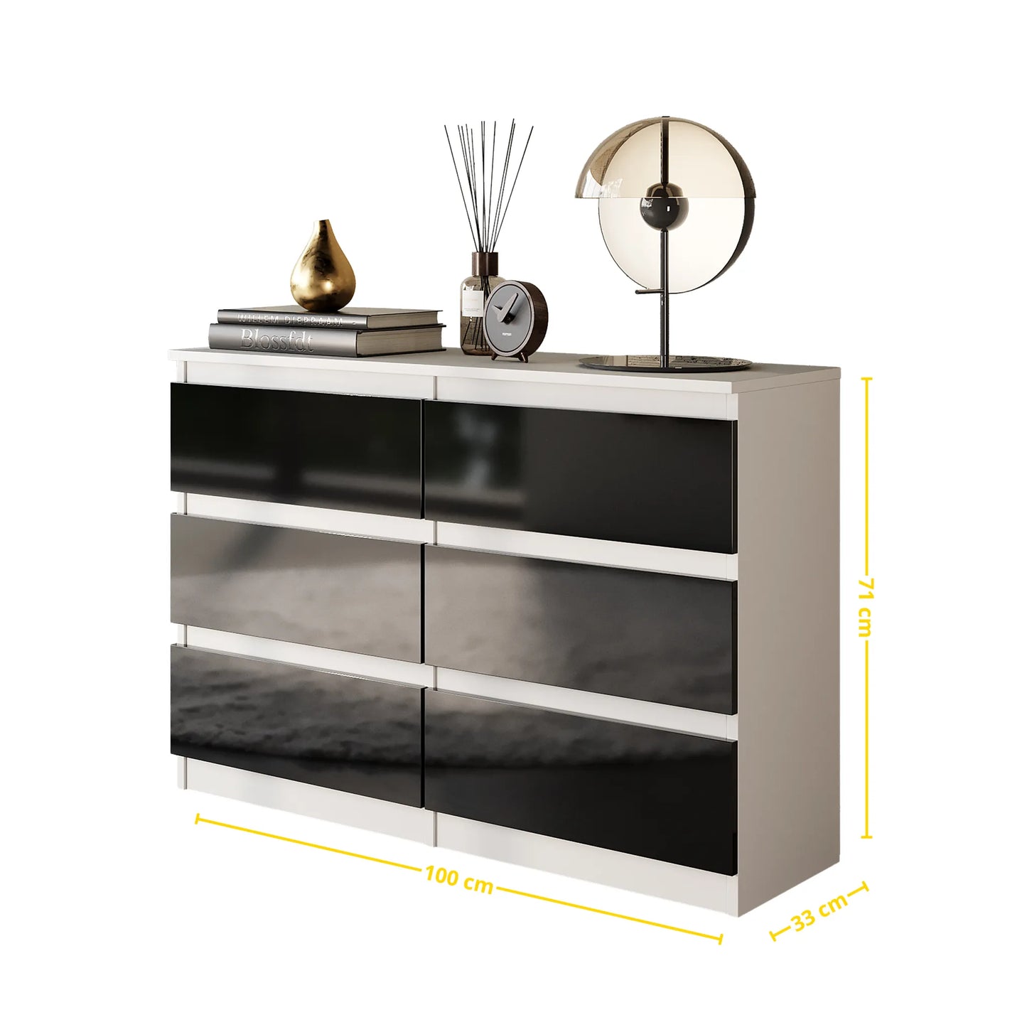 GABRIEL - Kommode / Sideboard mit 6 Schubladen - Weiß Matt / Schwarz Gloss H71cm B100cm T33cm – Furnica
