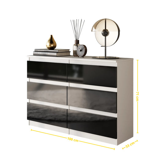 GABRIEL - Kommode / Sideboard mit 6 Schubladen - Weiß Matt / Schwarz Gloss H71cm B100cm T33cm – Furnica