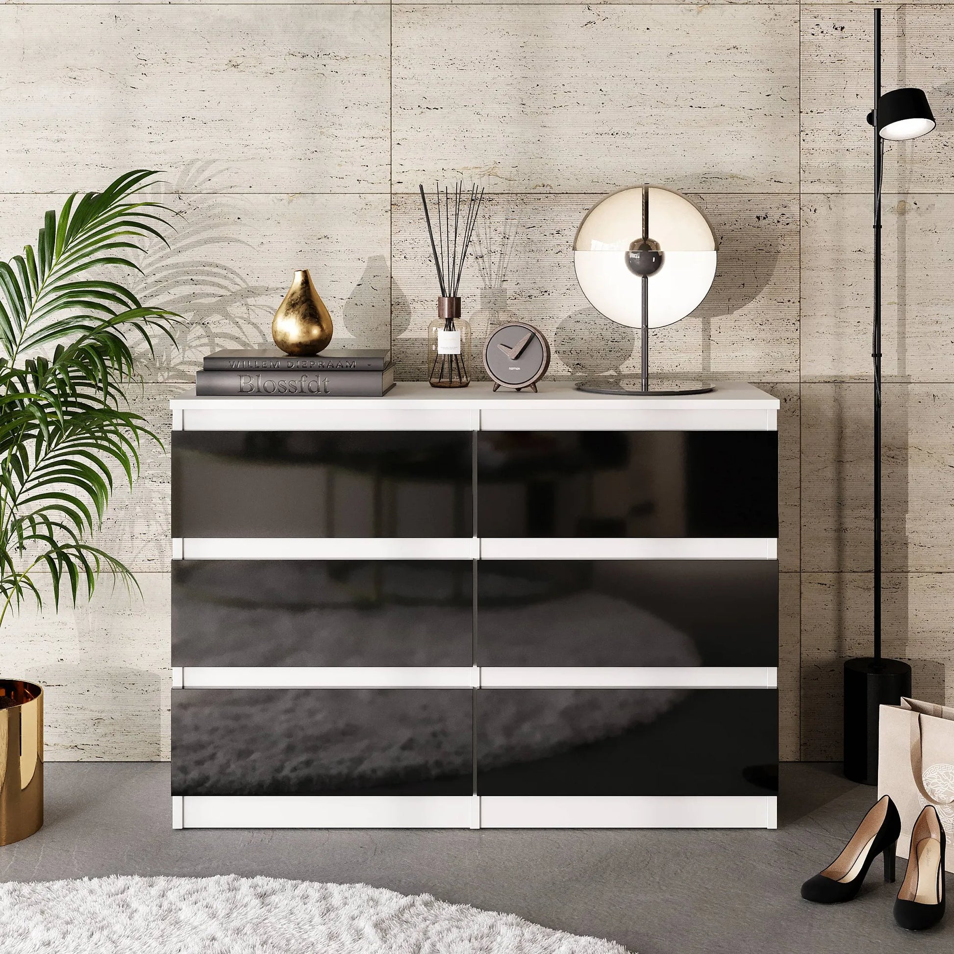 GABRIEL - Kommode / Sideboard mit 6 Schubladen - Weiß Matt / Schwarz Gloss H71cm B100cm T33cm – Furnica