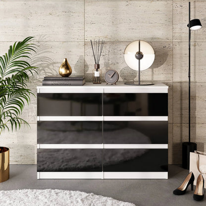 GABRIEL - Kommode / Sideboard mit 6 Schubladen - Weiß Matt / Schwarz Gloss H71cm B100cm T33cm – Furnica
