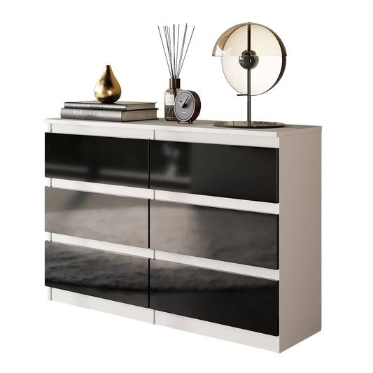 GABRIEL - Kommode / Sideboard mit 6 Schubladen - Weiß Matt / Schwarz Gloss H71cm B100cm T33cm – Furnica