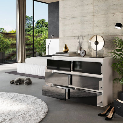 GABRIEL - Kommode / Sideboard mit 6 Schubladen - Weiß Matt / Schwarz Gloss H71cm B100cm T33cm – Furnica