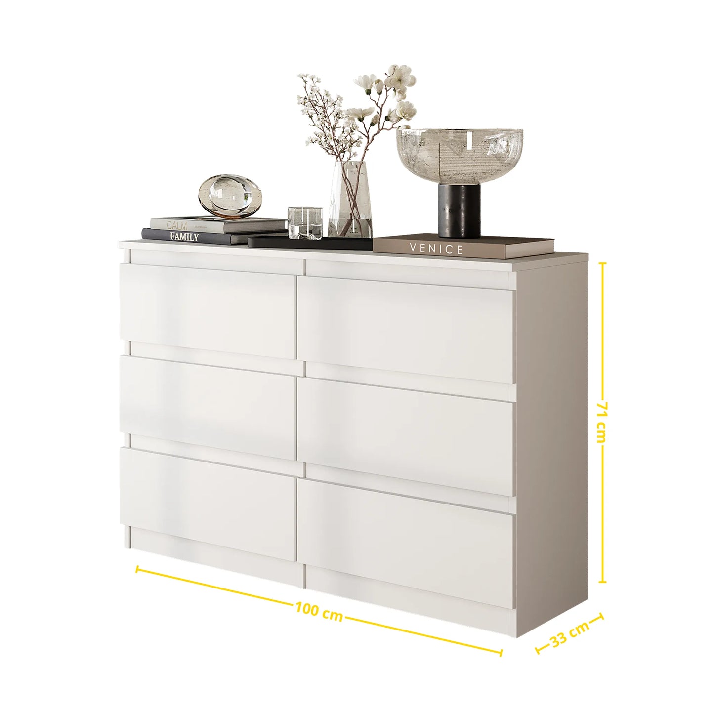 GABRIEL - Kommode / Sideboard mit 6 Schubladen - Weiß Matt / Weiß Gloss H71cm B100cm T33cm – Furnica
