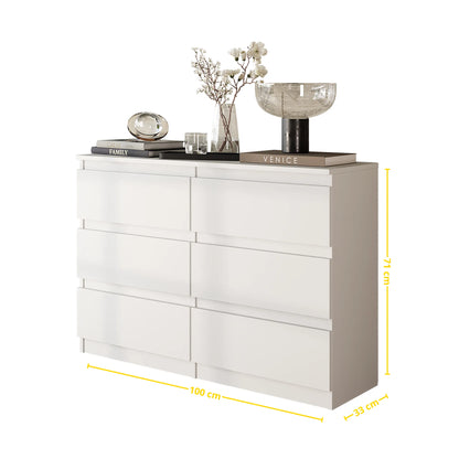 GABRIEL - Kommode / Sideboard mit 6 Schubladen - Weiß Matt / Weiß Gloss H71cm B100cm T33cm – Furnica