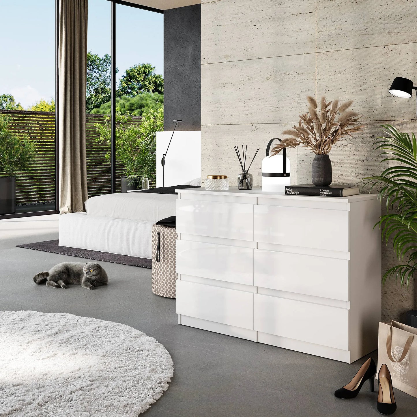 GABRIEL - Kommode / Sideboard mit 6 Schubladen - Weiß Matt / Weiß Gloss H71cm B100cm T33cm – Furnica