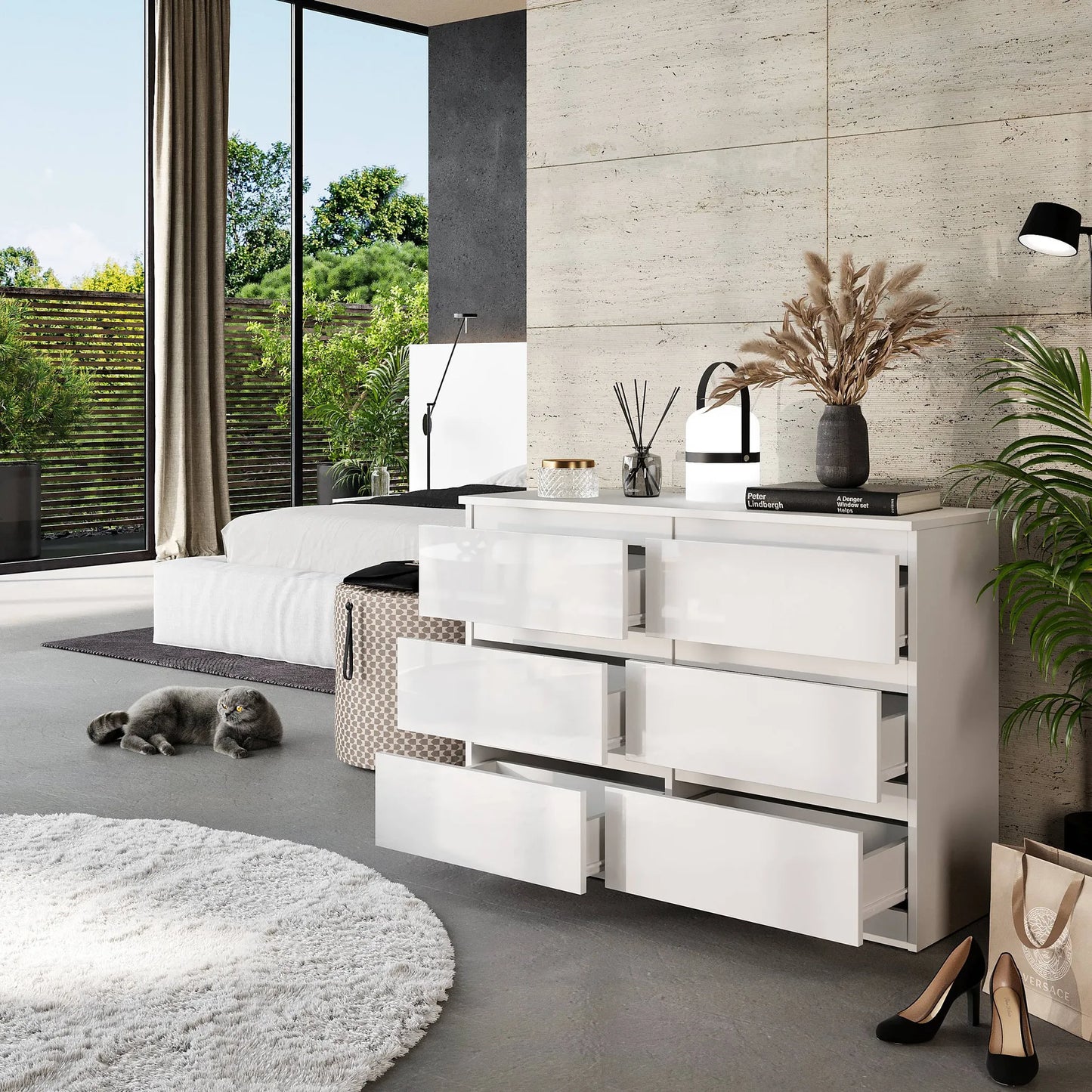 GABRIEL - Kommode / Sideboard mit 6 Schubladen - Weiß Matt / Weiß Gloss H71cm B100cm T33cm – Furnica
