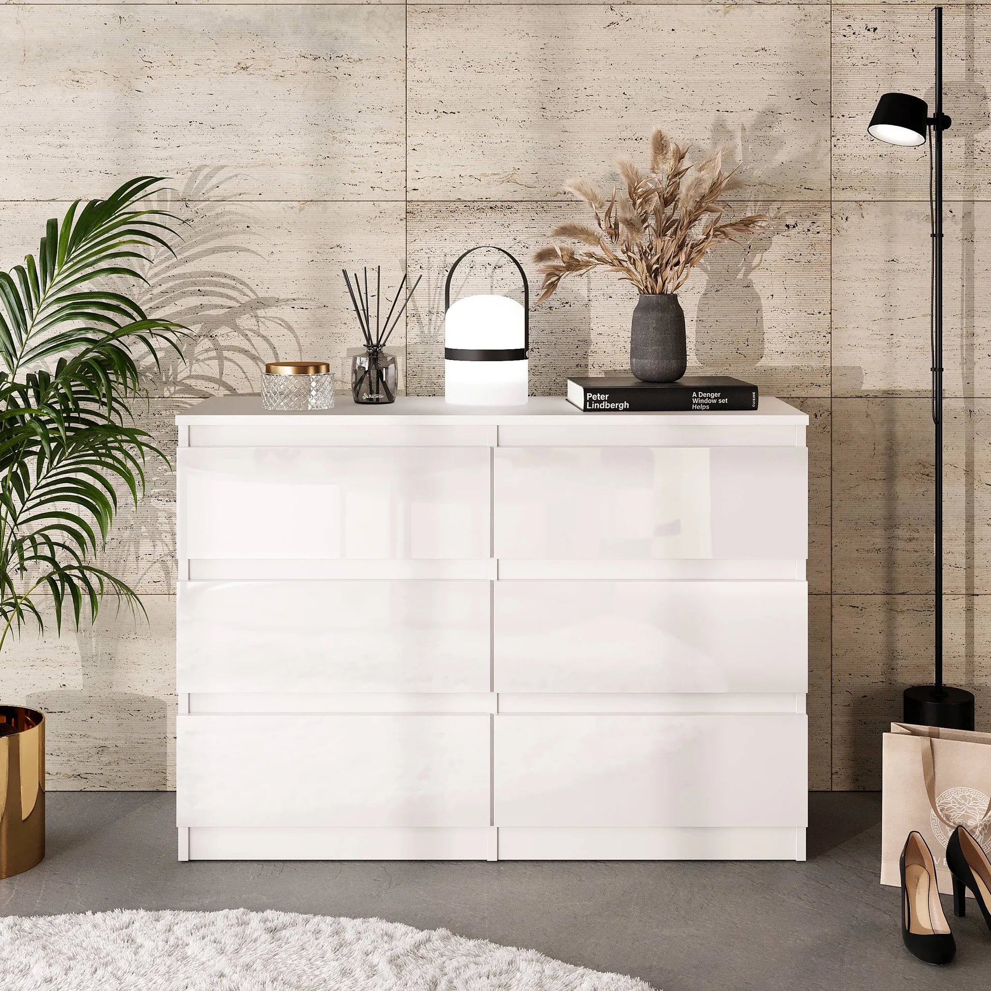 GABRIEL - Kommode / Sideboard mit 6 Schubladen - Weiß Matt / Weiß Gloss H71cm B100cm T33cm – Furnica