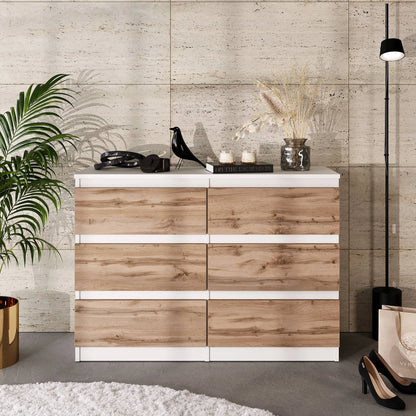 GABRIEL - Kommode / Sideboard mit 6 Schubladen - Weiß Matt / Wotan Eiche H71cm B100cm T33cm – Furnica