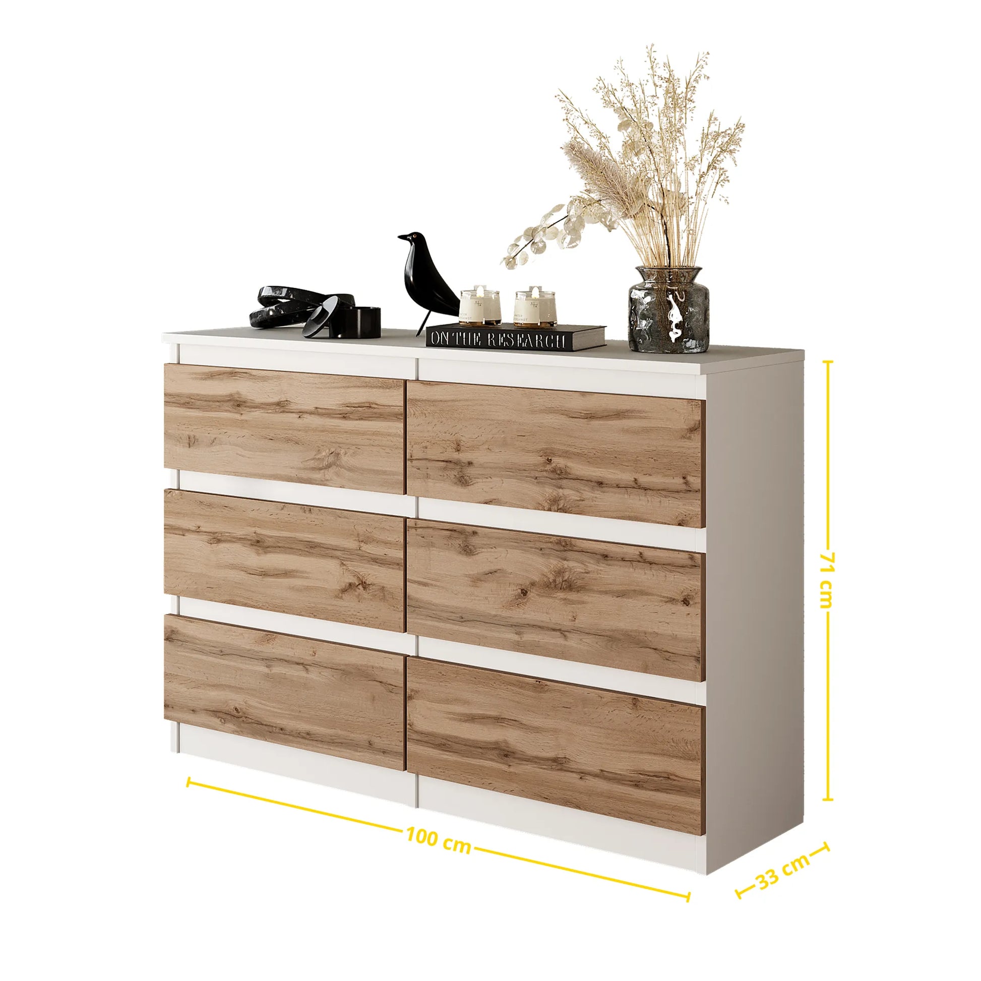 GABRIEL - Kommode / Sideboard mit 6 Schubladen - Weiß Matt / Wotan Eiche H71cm B100cm T33cm – Furnica