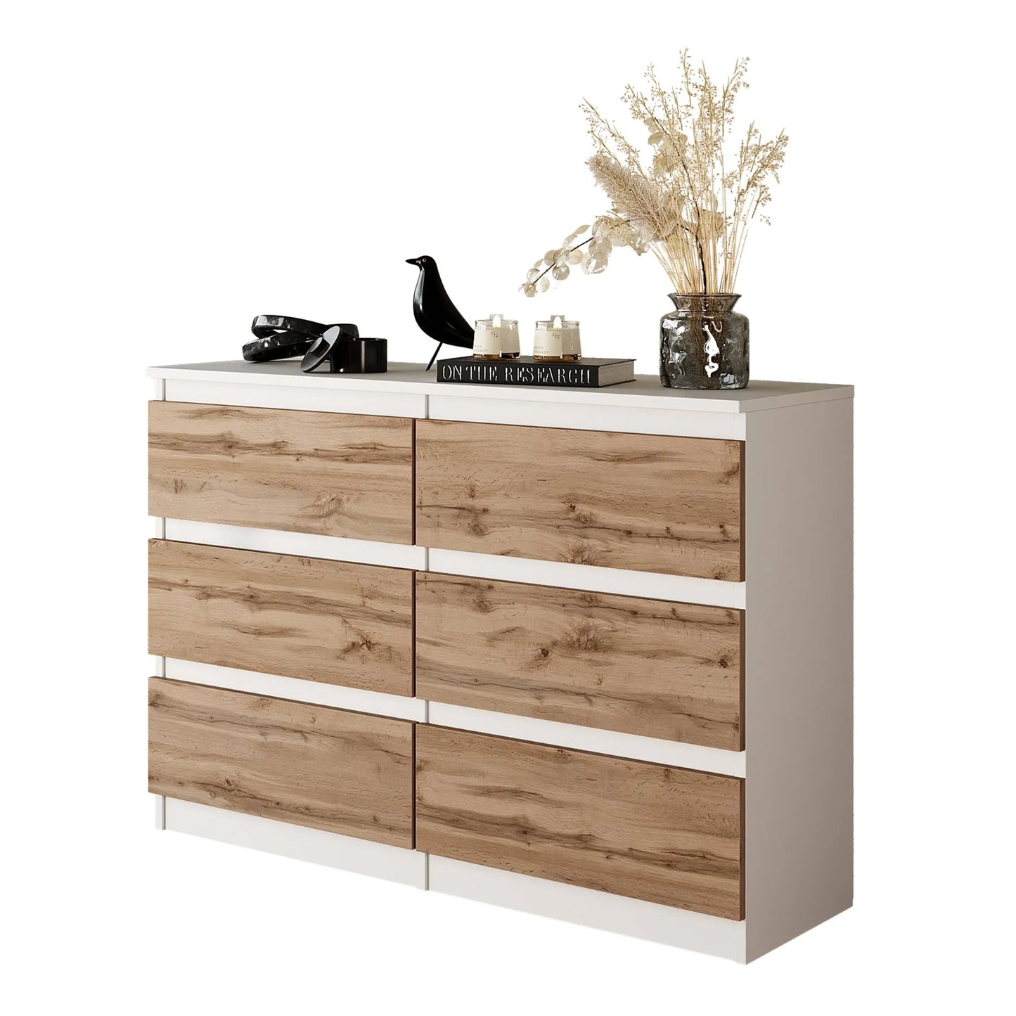 GABRIEL - Kommode / Sideboard mit 6 Schubladen - Weiß Matt / Wotan Eiche H71cm B100cm T33cm – Furnica
