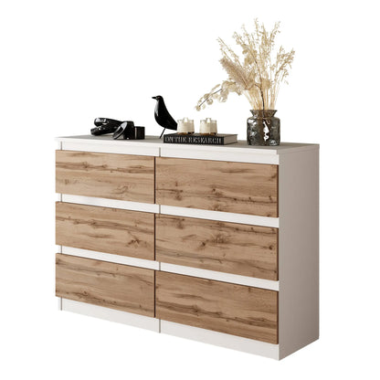 GABRIEL - Kommode / Sideboard mit 6 Schubladen - Weiß Matt / Wotan Eiche H71cm B100cm T33cm – Furnica