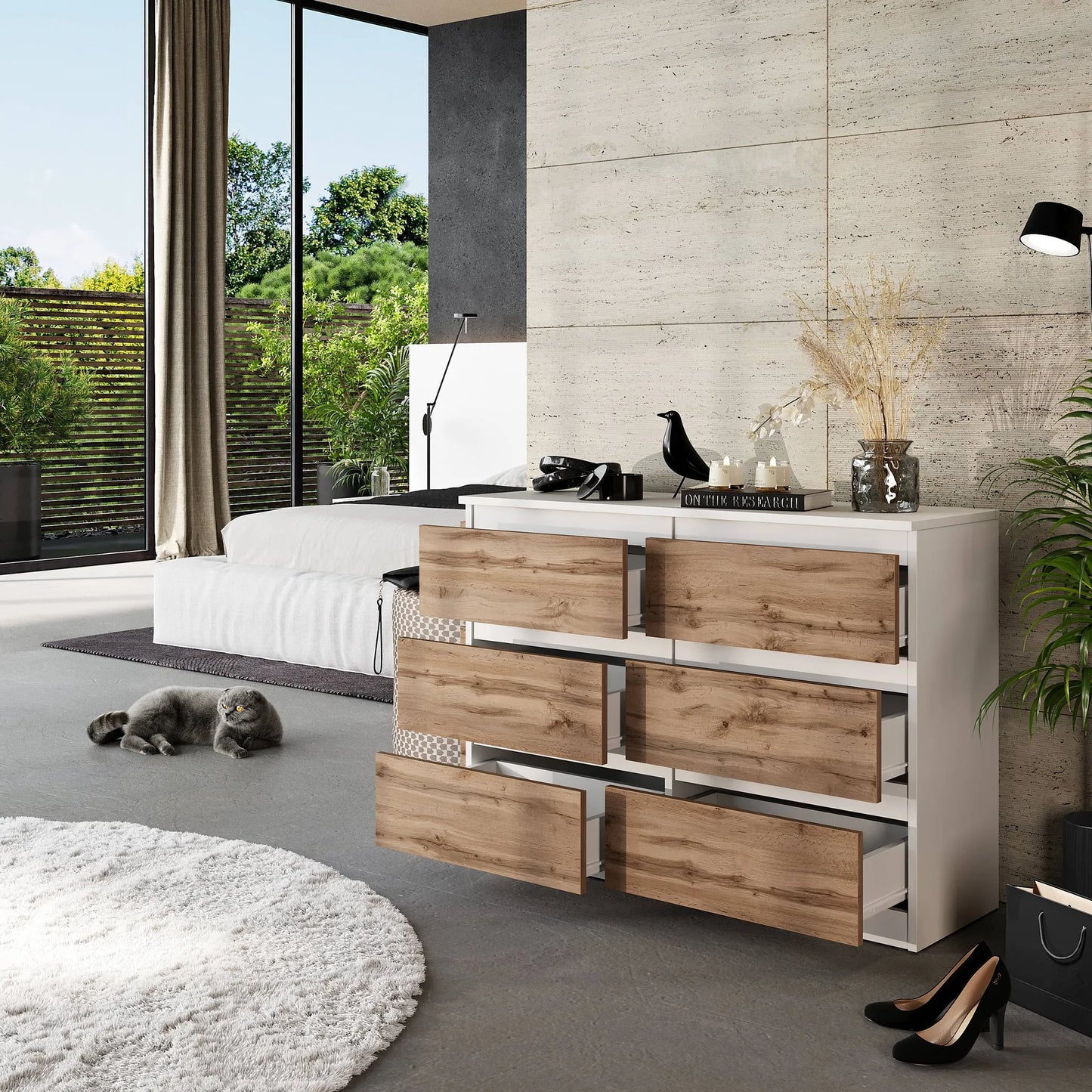 GABRIEL - Kommode / Sideboard mit 6 Schubladen - Weiß Matt / Wotan Eiche H71cm B100cm T33cm – Furnica