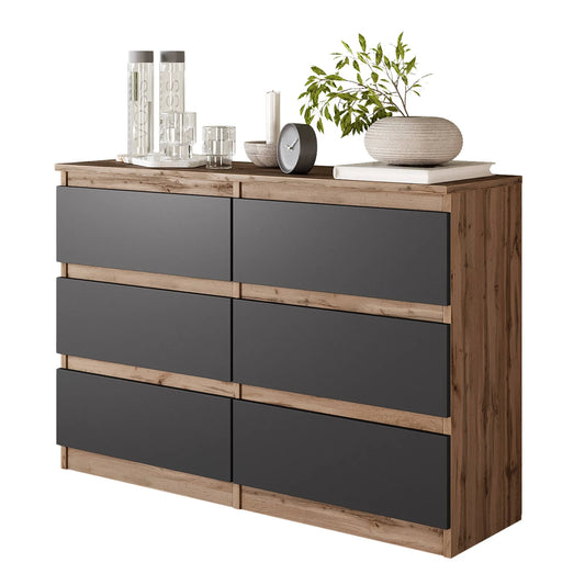 GABRIEL - Kommode / Sideboard mit 6 Schubladen - Wotan Eiche / Anthrazit H71cm B100cm TD33cm – Furnica