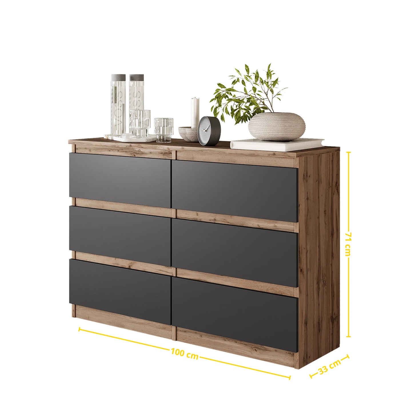 GABRIEL - Kommode / Sideboard mit 6 Schubladen - Wotan Eiche / Anthrazit H71cm B100cm TD33cm – Furnica