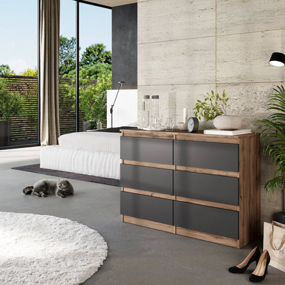 GABRIEL - Kommode / Sideboard mit 6 Schubladen - Wotan Eiche / Anthrazit H71cm B100cm TD33cm – Furnica