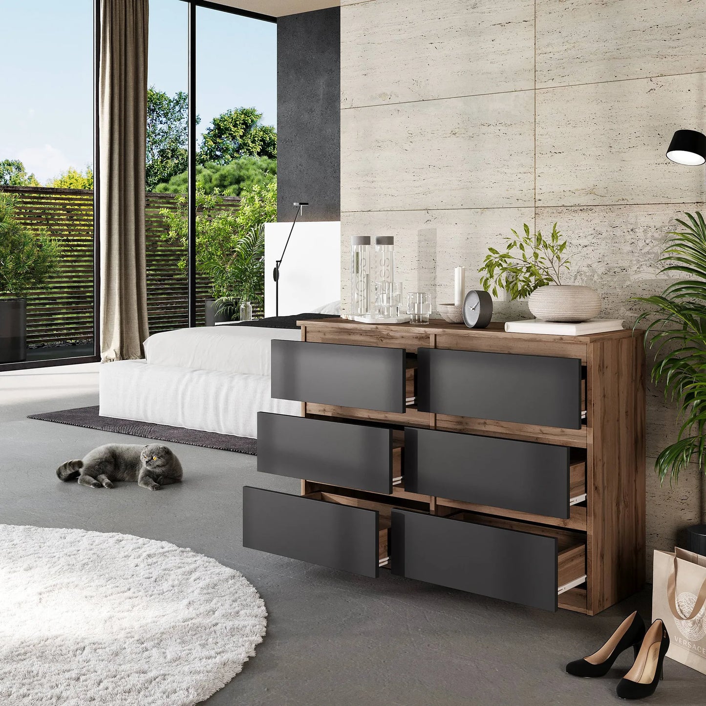 GABRIEL - Kommode / Sideboard mit 6 Schubladen - Wotan Eiche / Anthrazit H71cm B100cm TD33cm – Furnica