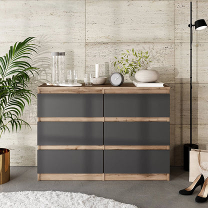 GABRIEL - Kommode / Sideboard mit 6 Schubladen - Wotan Eiche / Anthrazit H71cm B100cm TD33cm – Furnica