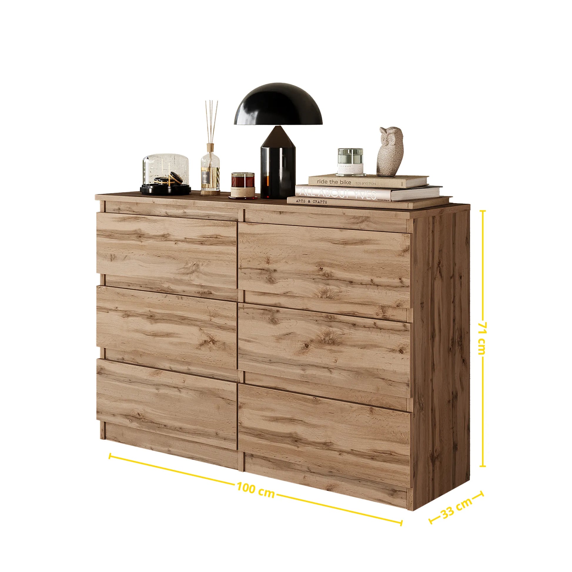 GABRIEL - Kommode / Sideboard mit 6 Schubladen - Wotan Eiche H71cm B100cm T33cm – Furnica