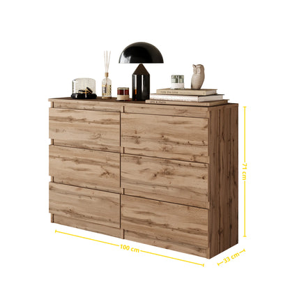 GABRIEL - Kommode / Sideboard mit 6 Schubladen - Wotan Eiche H71cm B100cm T33cm – Furnica