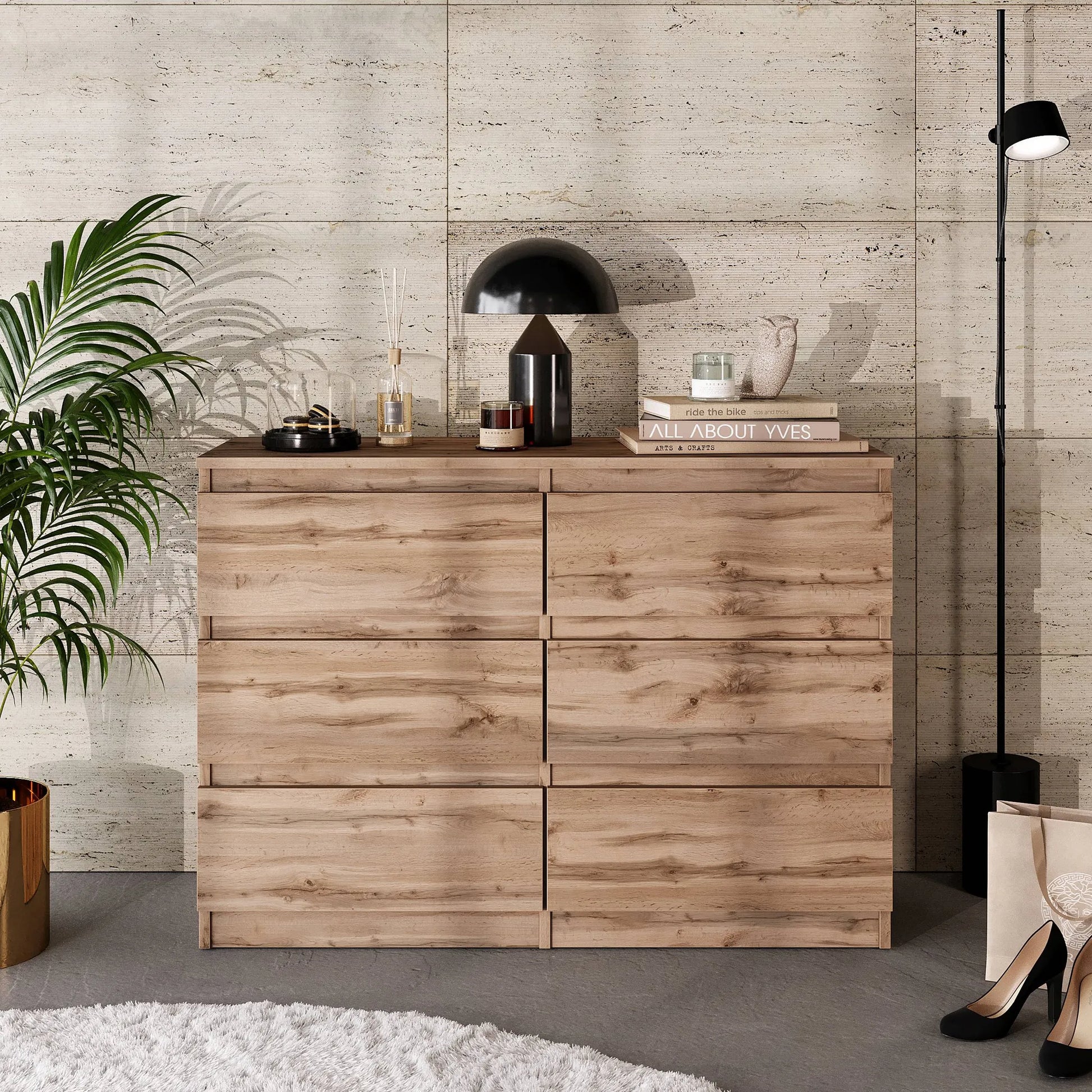 GABRIEL - Kommode / Sideboard mit 6 Schubladen - Wotan Eiche H71cm B100cm T33cm – Furnica