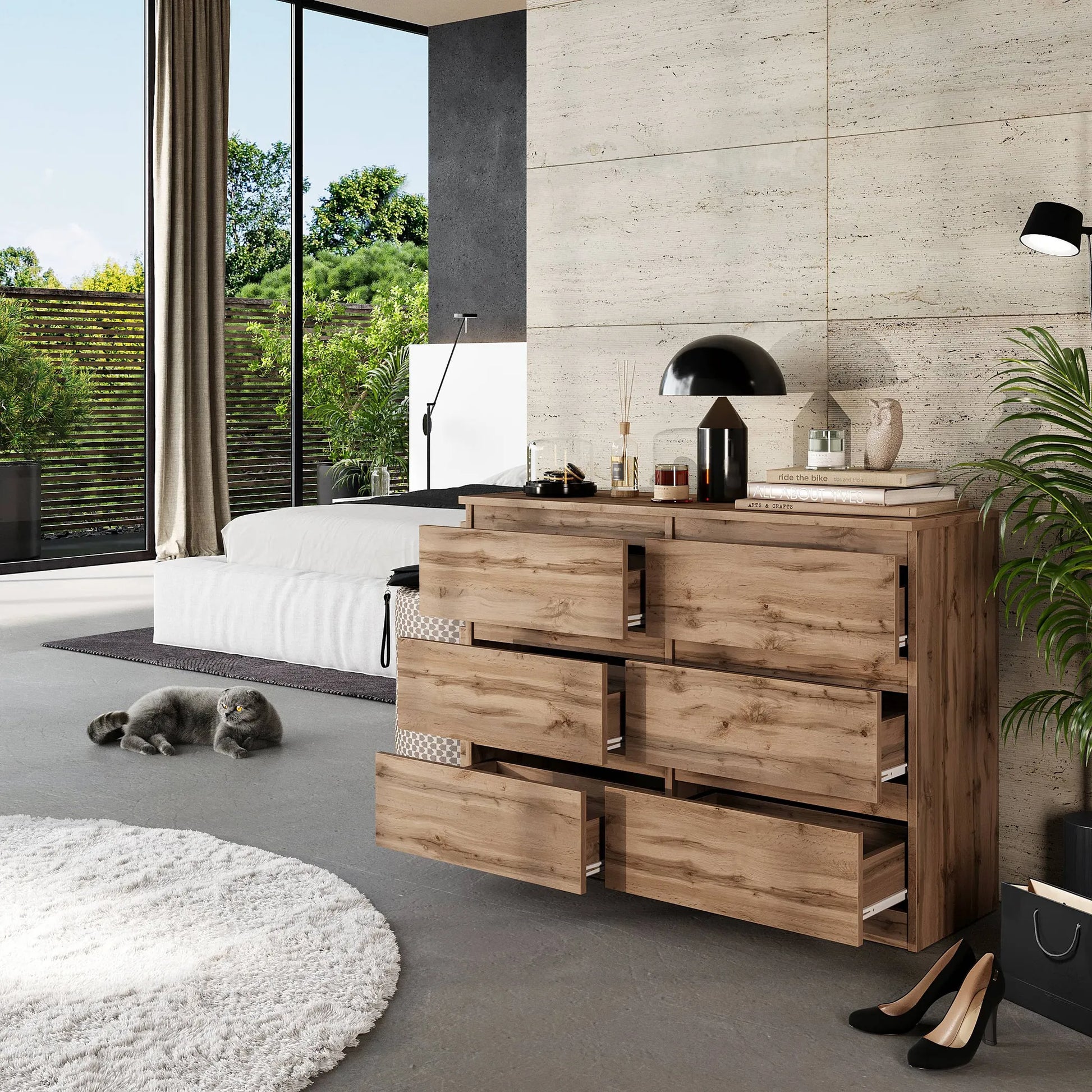 GABRIEL - Kommode / Sideboard mit 6 Schubladen - Wotan Eiche H71cm B100cm T33cm – Furnica