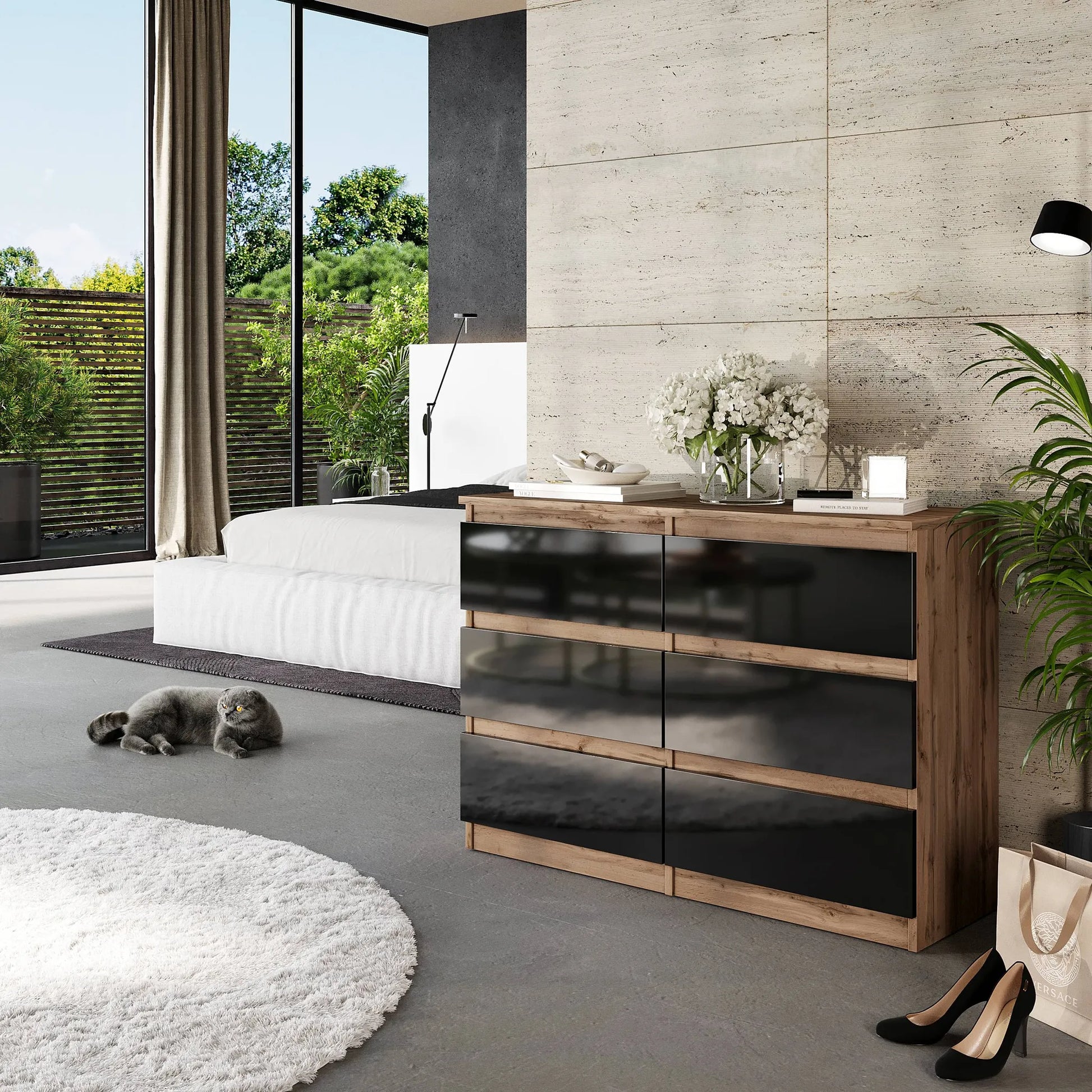 GABRIEL - Kommode / Sideboard mit 6 Schubladen - Wotan Eiche / Schwarz Gloss H71cm B100cm TD33cm – Furnica