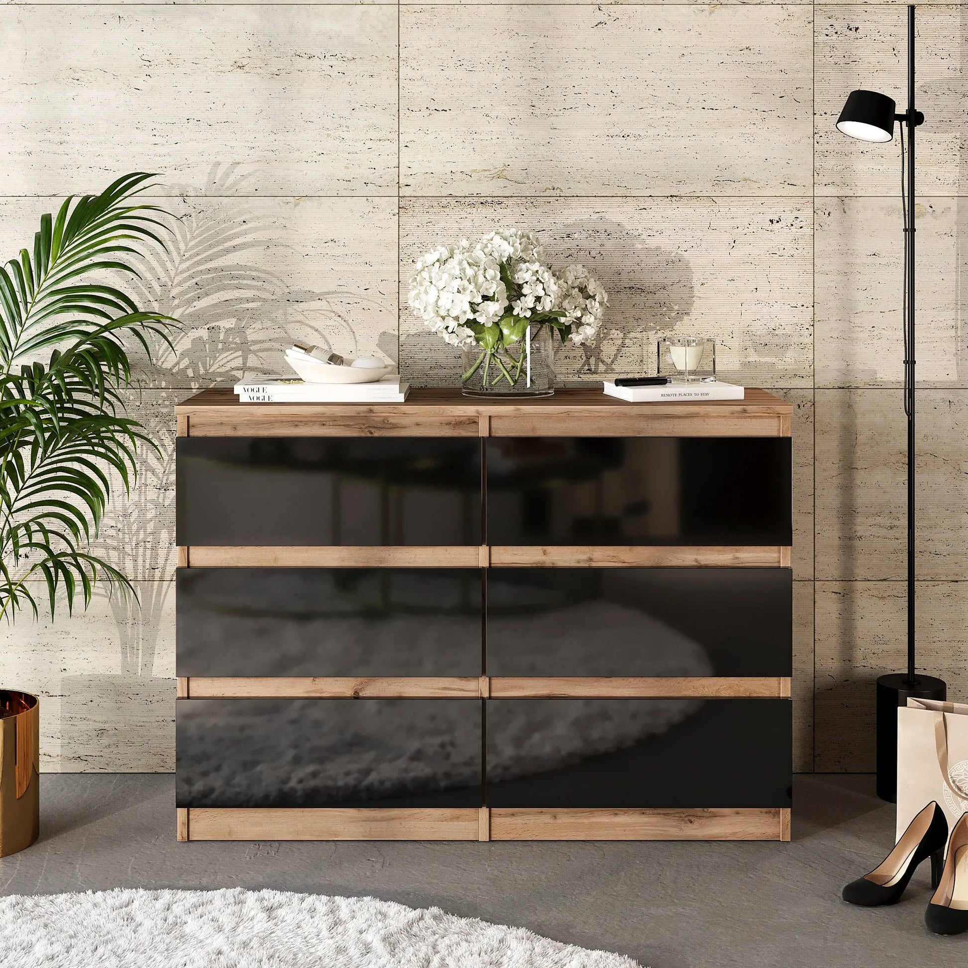 GABRIEL - Kommode / Sideboard mit 6 Schubladen - Wotan Eiche / Schwarz Gloss H71cm B100cm TD33cm – Furnica