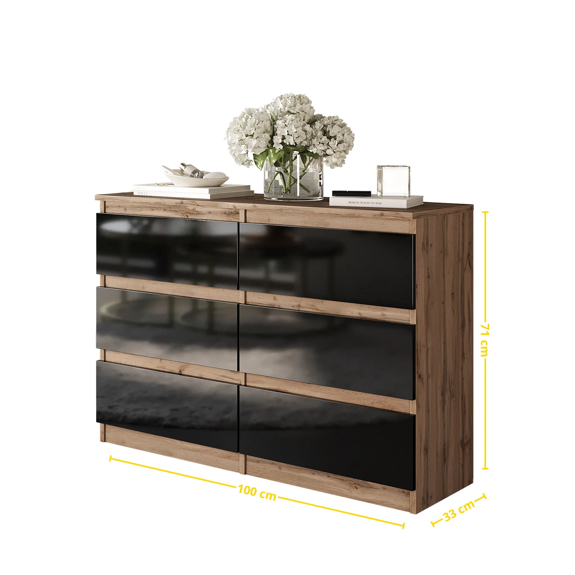 GABRIEL - Kommode / Sideboard mit 6 Schubladen - Wotan Eiche / Schwarz Gloss H71cm B100cm TD33cm – Furnica