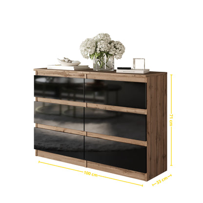 GABRIEL - Kommode / Sideboard mit 6 Schubladen - Wotan Eiche / Schwarz Gloss H71cm B100cm TD33cm – Furnica