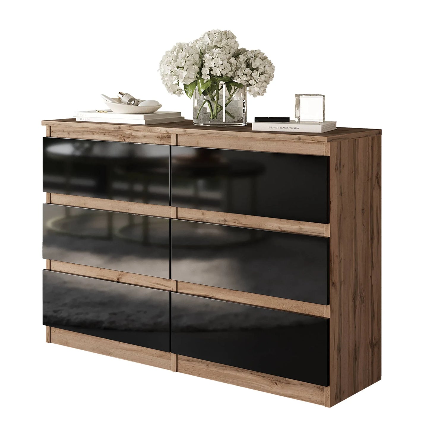 GABRIEL - Kommode / Sideboard mit 6 Schubladen - Wotan Eiche / Schwarz Gloss H71cm B100cm TD33cm – Furnica