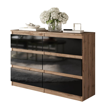 GABRIEL - Kommode / Sideboard mit 6 Schubladen - Wotan Eiche / Schwarz Gloss H71cm B100cm TD33cm – Furnica