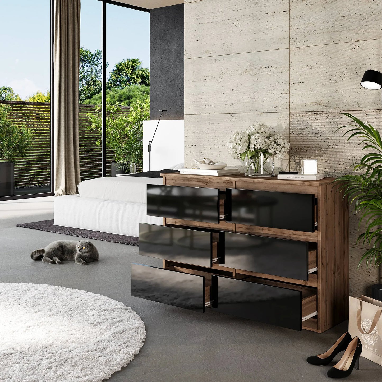 GABRIEL - Kommode / Sideboard mit 6 Schubladen - Wotan Eiche / Schwarz Gloss H71cm B100cm TD33cm – Furnica