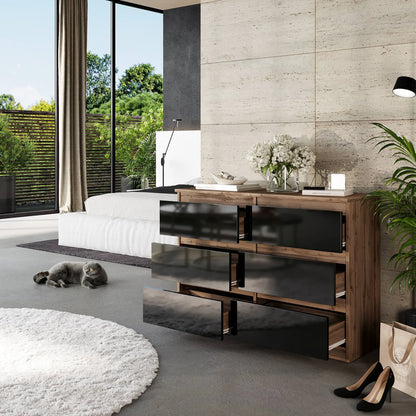 GABRIEL - Kommode / Sideboard mit 6 Schubladen - Wotan Eiche / Schwarz Gloss H71cm B100cm TD33cm – Furnica