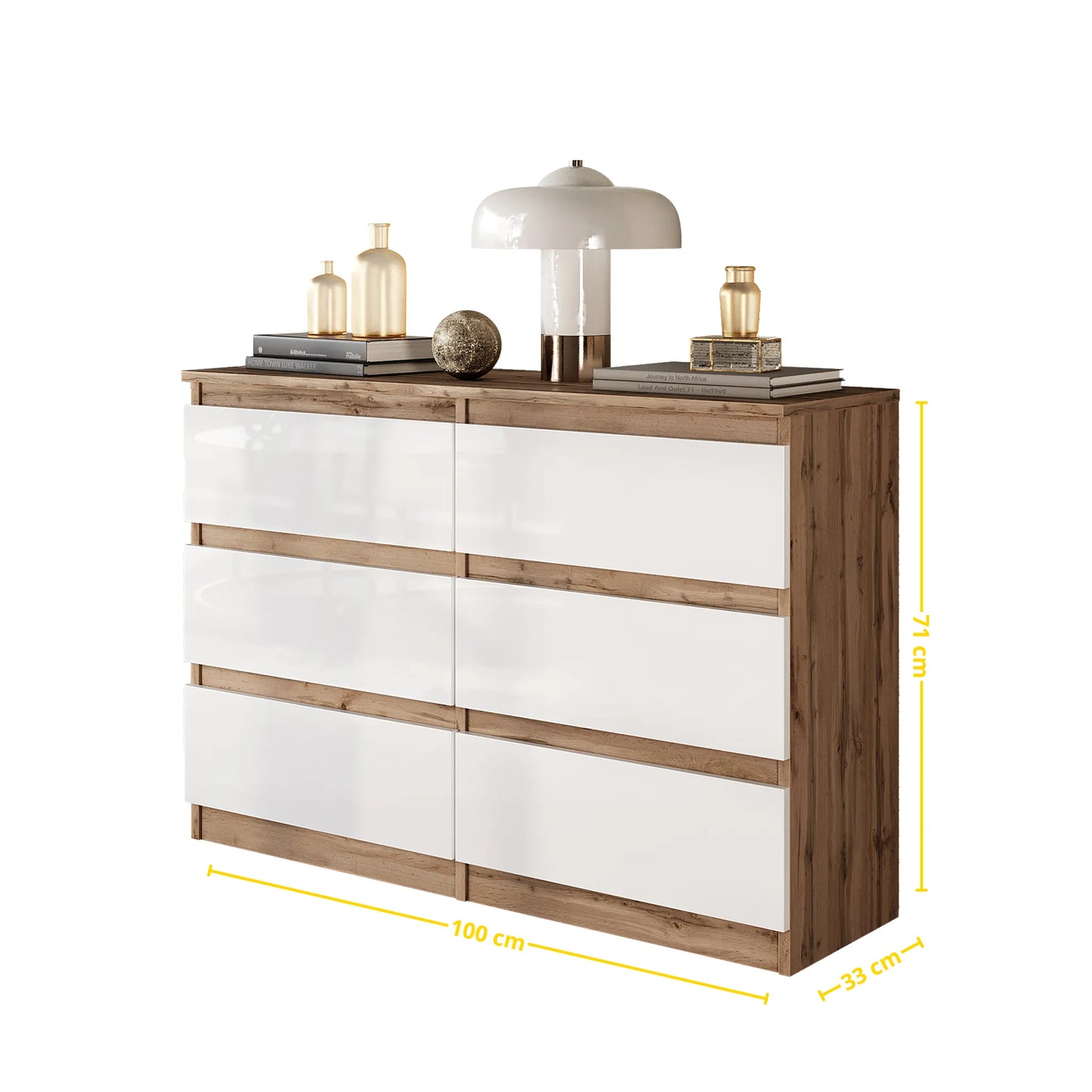 GABRIEL - Kommode / Sideboard mit 6 Schubladen - Wotan Eiche / Weiß Gloss H71cm B100cm TD33cm – Furnica