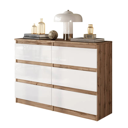 GABRIEL - Kommode / Sideboard mit 6 Schubladen - Wotan Eiche / Weiß Gloss H71cm B100cm TD33cm – Furnica