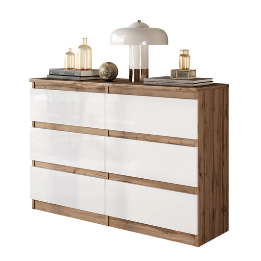 GABRIEL - Kommode / Sideboard mit 6 Schubladen - Wotan Eiche / Weiß Gloss H71cm B100cm TD33cm – Furnica