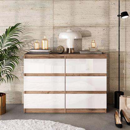GABRIEL - Kommode / Sideboard mit 6 Schubladen - Wotan Eiche / Weiß Gloss H71cm B100cm TD33cm – Furnica
