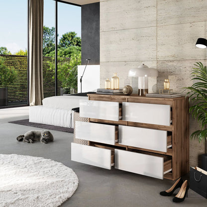 GABRIEL - Kommode / Sideboard mit 6 Schubladen - Wotan Eiche / Weiß Gloss H71cm B100cm TD33cm – Furnica