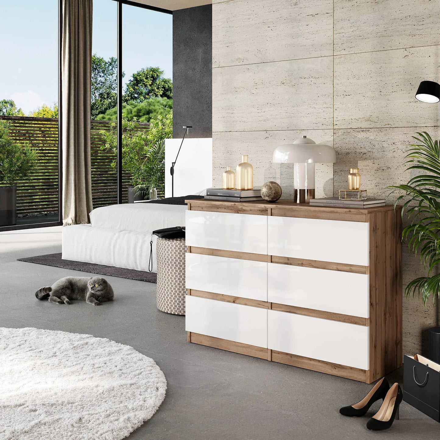 GABRIEL - Kommode / Sideboard mit 6 Schubladen - Wotan Eiche / Weiß Gloss H71cm B100cm TD33cm – Furnica