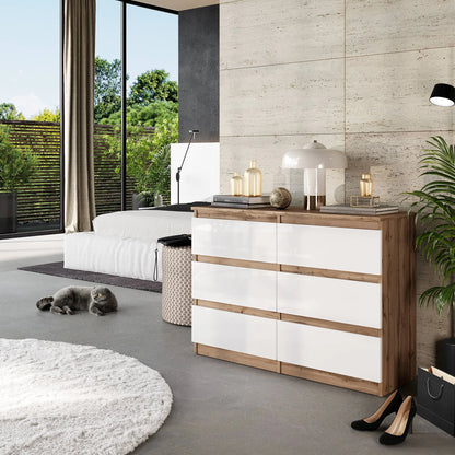 GABRIEL - Kommode / Sideboard mit 6 Schubladen - Wotan Eiche / Weiß Gloss H71cm B100cm TD33cm – Furnica