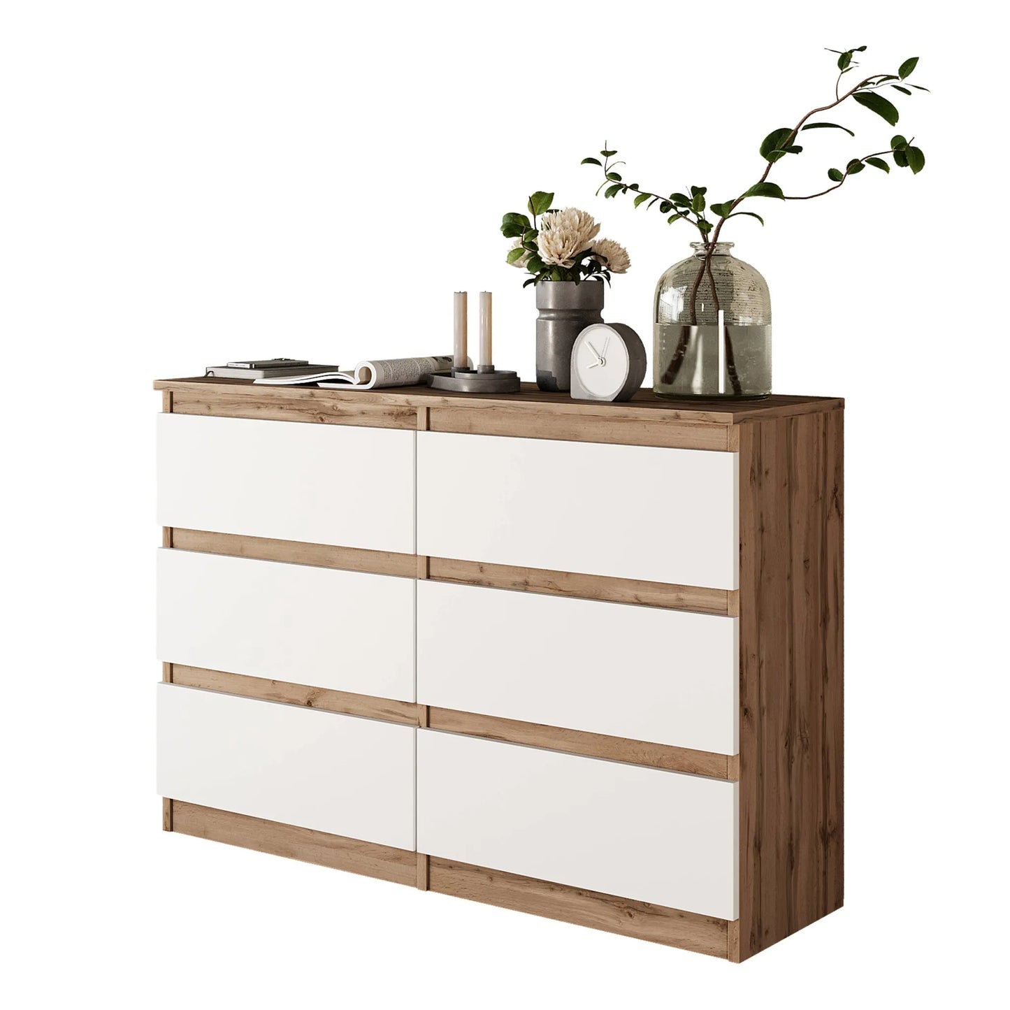 GABRIEL - Kommode / Sideboard mit 6 Schubladen - Wotan Eiche / Weiß Matt H71cm B100cm TD33cm – Furnica